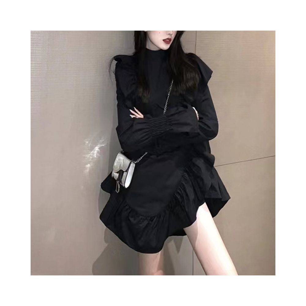 ASAYA5428 – Noir Ruffle Asymmetry Mini Dress 🖤✨