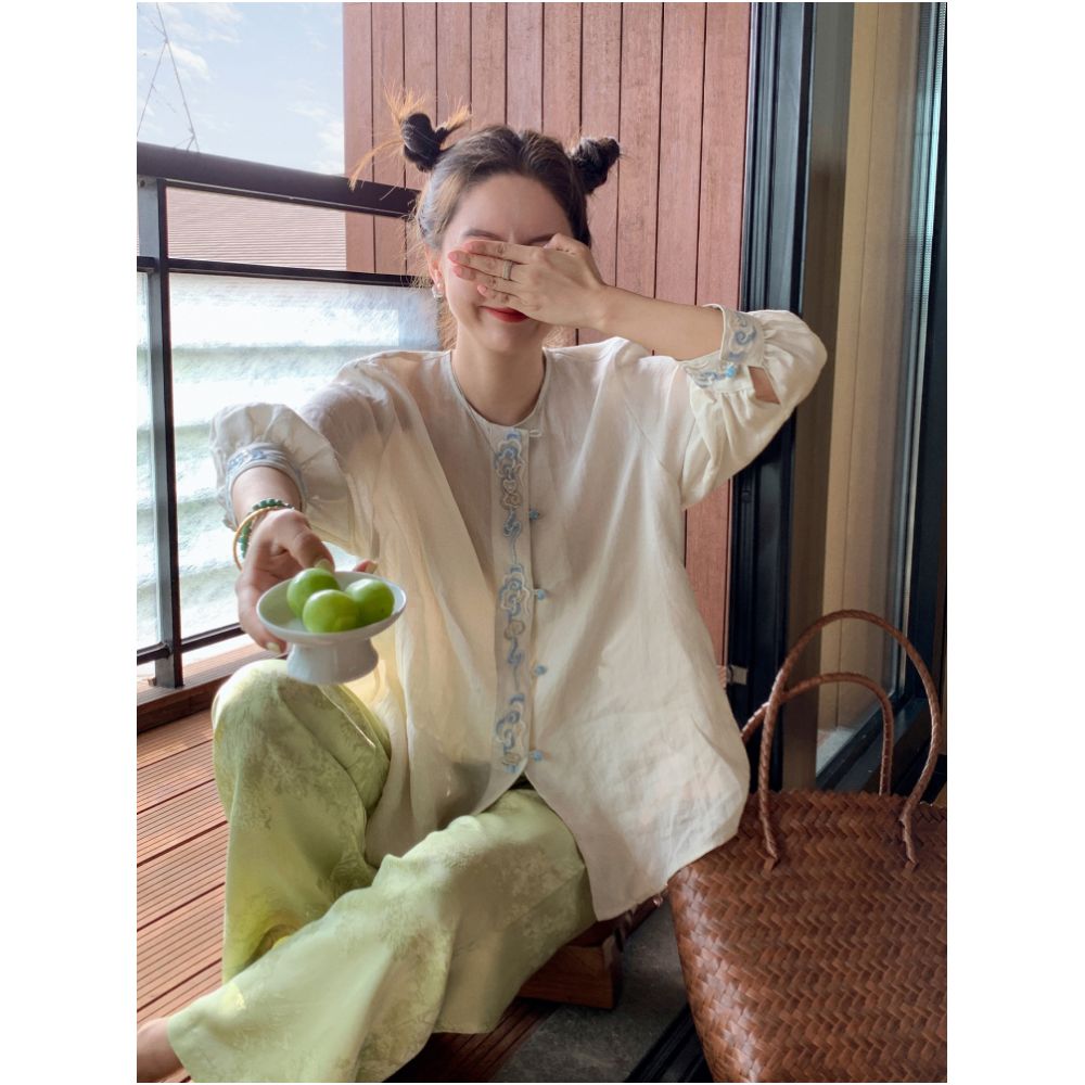 Libelin Sisy Chinese style series pearl jade small shirt women s new Chinese style 100 ramie seven quarter sleeve loose round neck top image 3