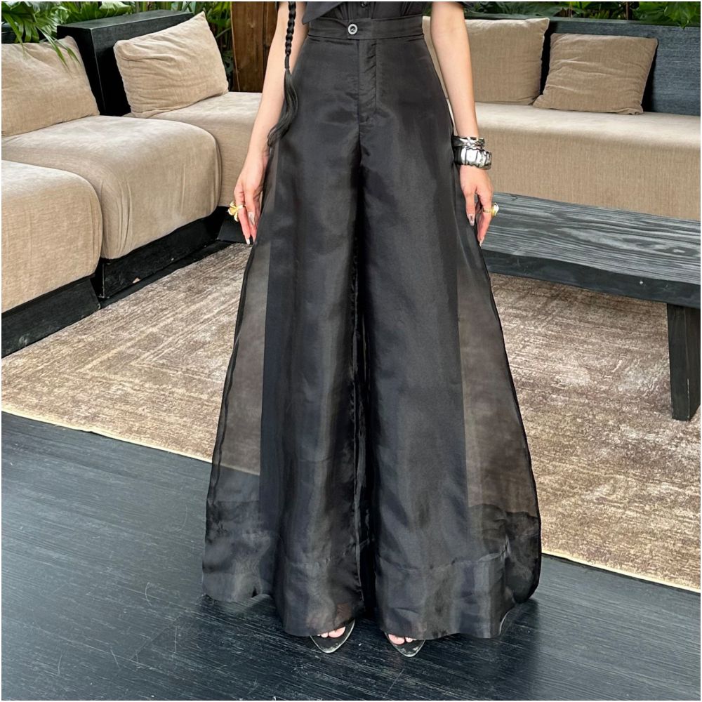 Summer new fashionable temperament high end casual pants women s design sense organza slimming and flesh covering wide leg pants women s clothing image 3