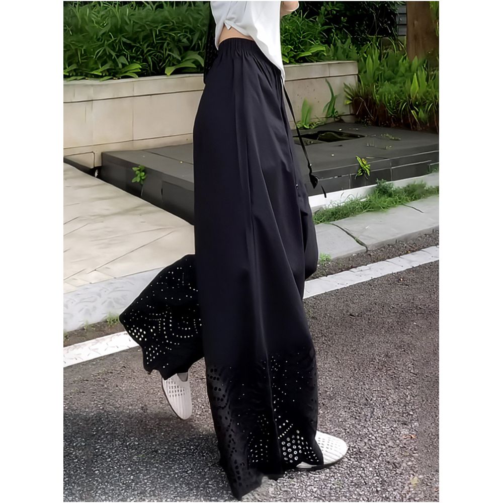 2025 Summer New Black Elastic Waist Strap Casual Pants Loose and Fashionable Design Hollow out Women s Wide Leg Pants image 3