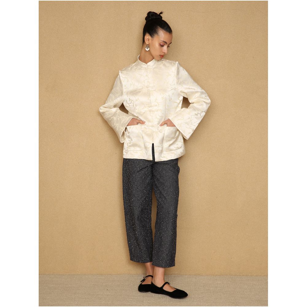 PaleBlueDot Fashionable New Chinese Early Spring White Champagne Satin Cracked Stand up Collar Zhongshan Suit image 3
