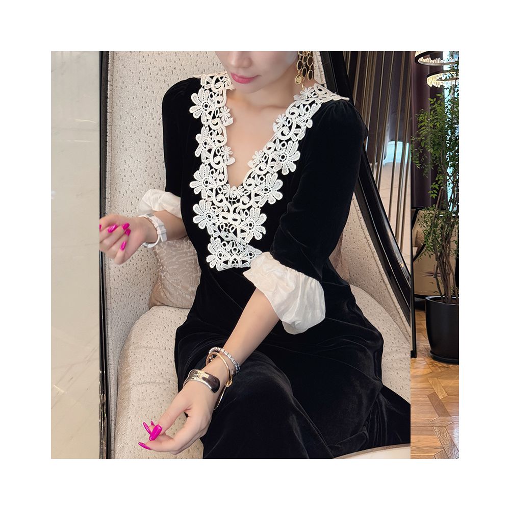French temperament high end and beautiful lace black silk velvet dress women s 2025 autumn new dress long skirt image 4