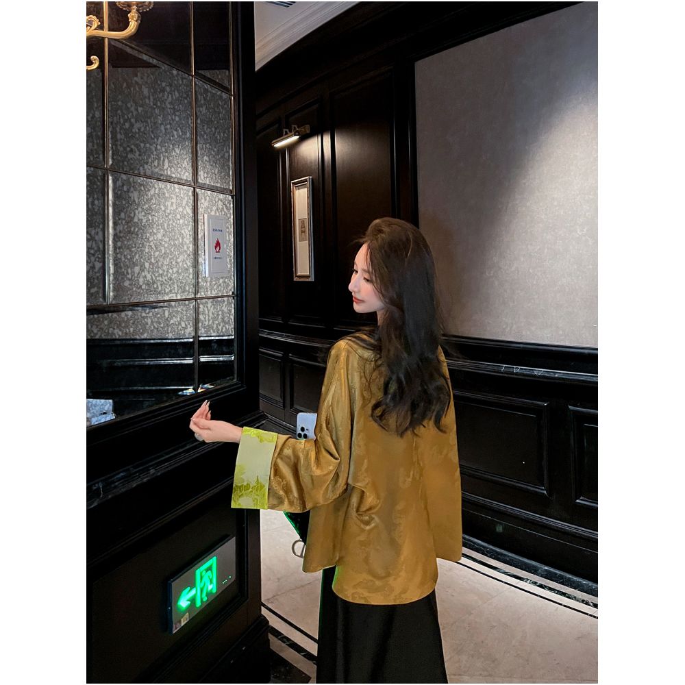 New Chinese style acetic acid satin Tang style coat for women in spring and autumn new Chinese style high end feeling old money style loose top with buckle image 1