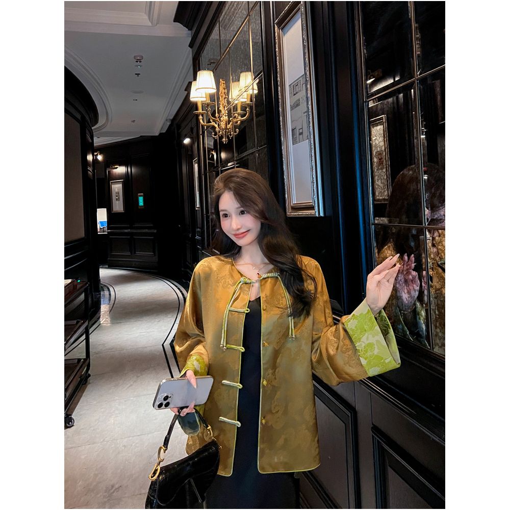 New Chinese style acetic acid satin Tang style coat for women in spring and autumn new Chinese style high end feeling old money style loose top with buckle image 2