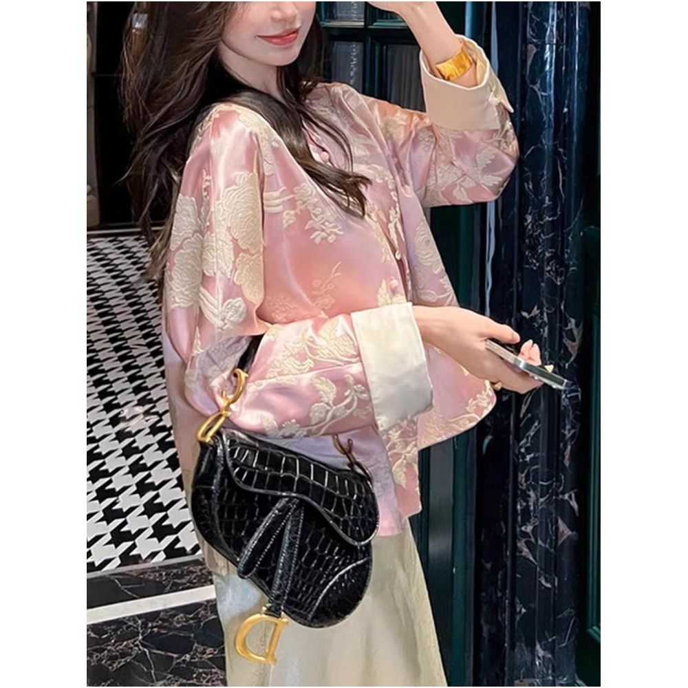 New Chinese style outerwear for women 2025 new spring and autumn round neck short design improved Tang style national style buckle acetate satin top image 1