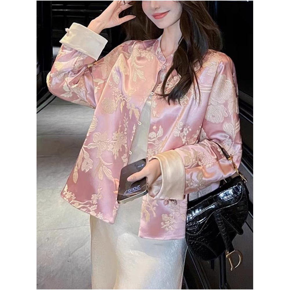 New Chinese style outerwear for women 2025 new spring and autumn round neck short design improved Tang style national style buckle acetate satin top image 3