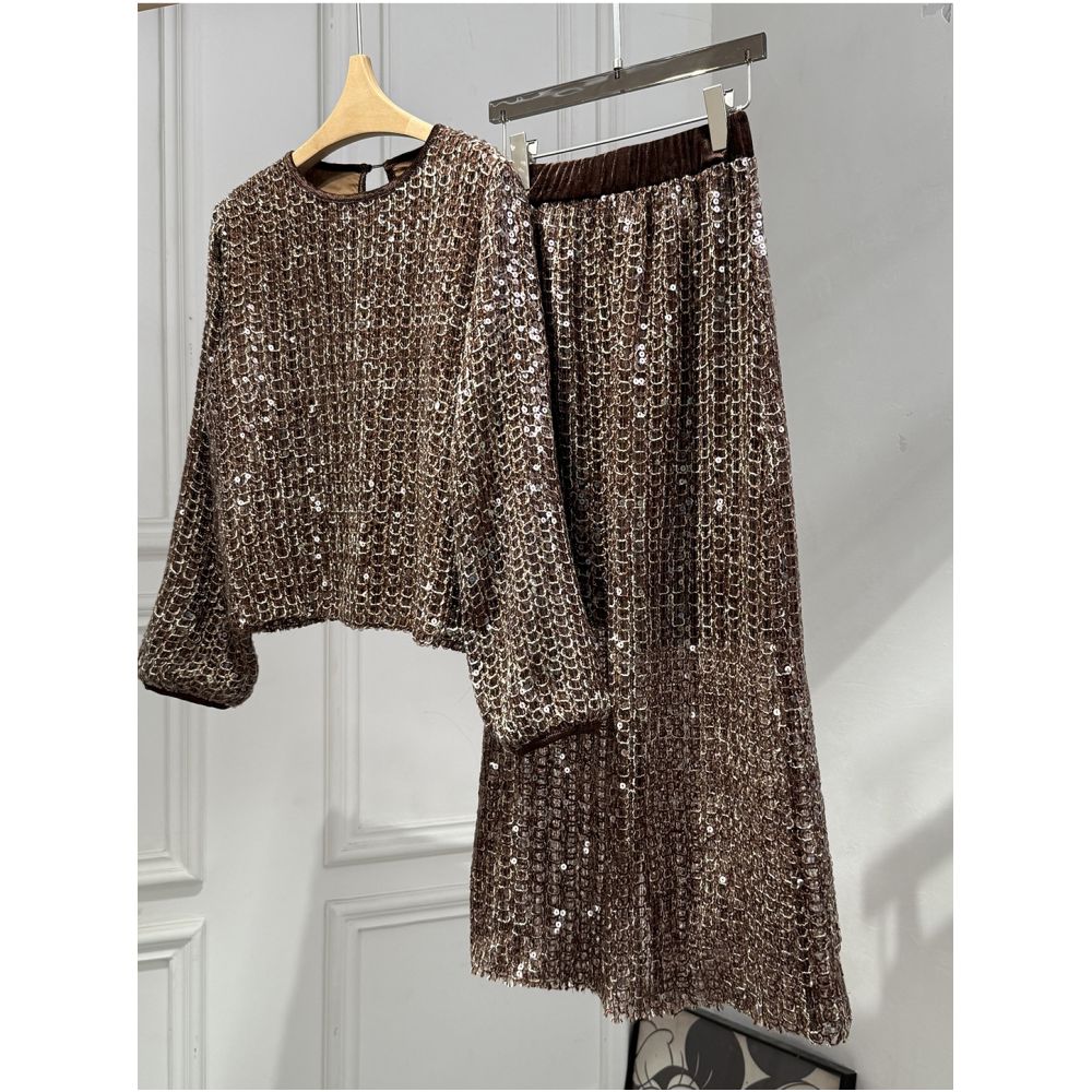 Spot special price Milan Town South Oil high version fashionable lazy style sparkling sequin knit sweater half skirt set image 1
