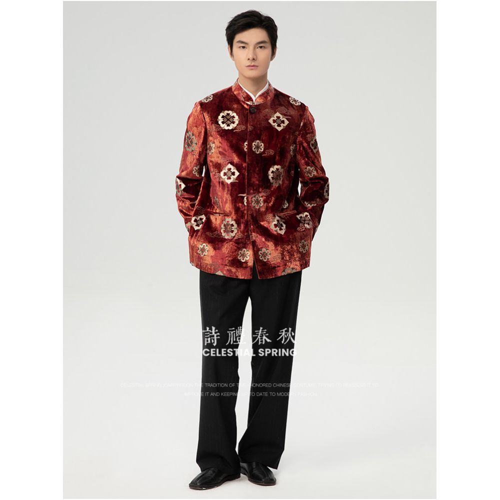 Shili Chunqiu Original Design Improvement New Chinese style Men s Clothing Tang Dynasty Tuanhua Silk Velvet Hot Pot Gold National Style Coat for Men image 1