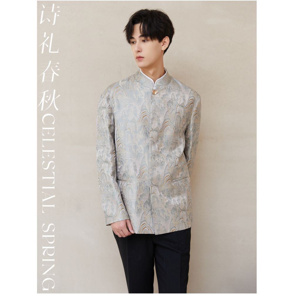 Poetry and Rites Spring and Autumn Original New Chinese style Men s Stand up Collar Tang Costume Landscape Weaving Brocade Improved Zhongshan Costume Jacquard National Style Coat image 0