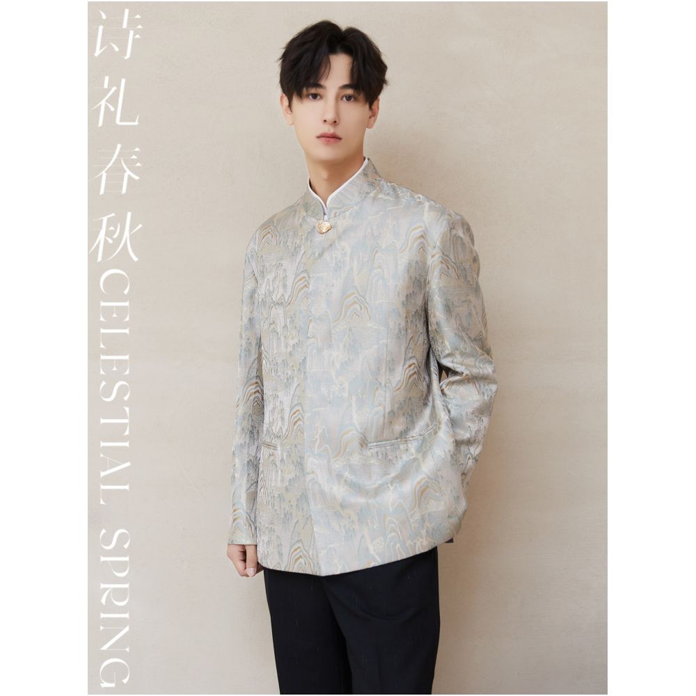 Poetry and Rites Spring and Autumn Original New Chinese style Men s Stand up Collar Tang Costume Landscape Weaving Brocade Improved Zhongshan Costume Jacquard National Style Coat image 3