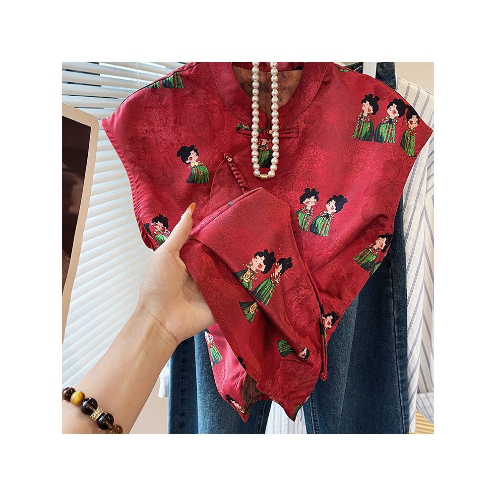 New Chinese style versatile retro stand up collar button up top for women in summer 2025 red commuting style slimming sleeveless small shirt image 0
