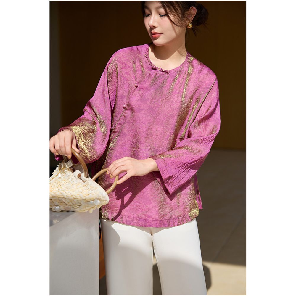 Ningxia Man Yi Jian Hua Cai Ni Chang Fu Guang Jin Craft Dark Pattern Jacquard New Chinese Round Neck Long Sleeve Top image 0