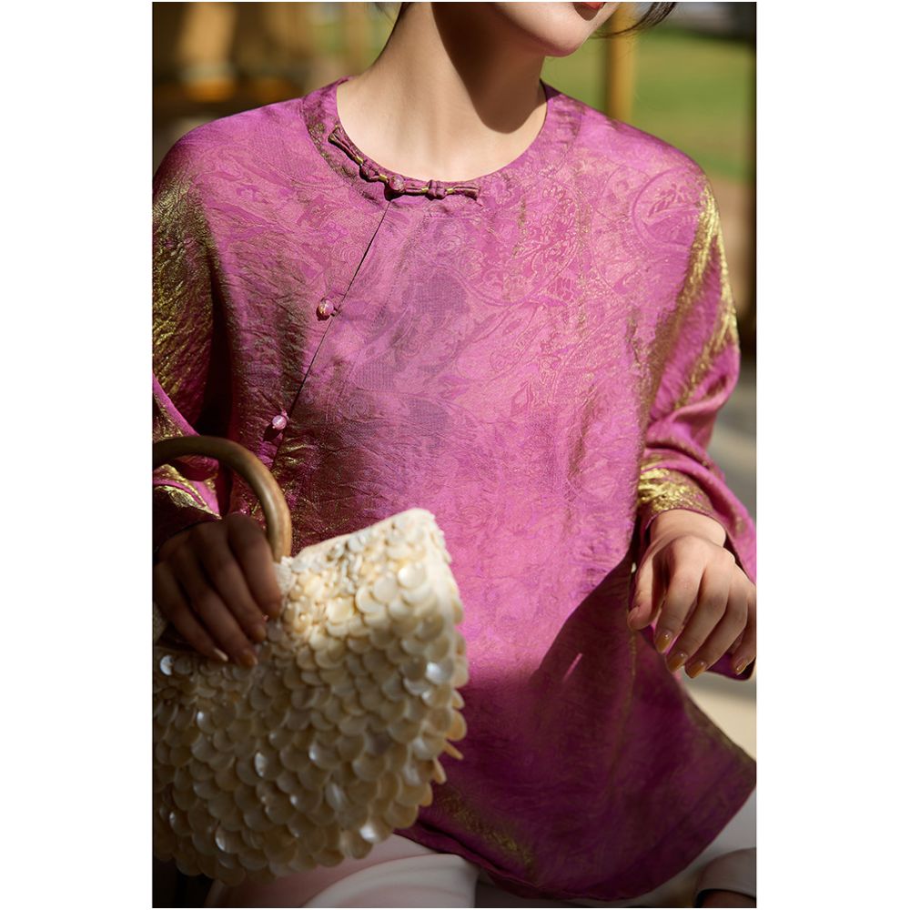 Ningxia Man Yi Jian Hua Cai Ni Chang Fu Guang Jin Craft Dark Pattern Jacquard New Chinese Round Neck Long Sleeve Top image 1