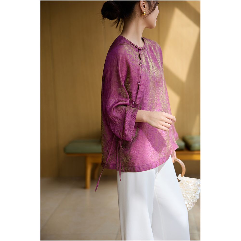 Ningxia Man Yi Jian Hua Cai Ni Chang Fu Guang Jin Craft Dark Pattern Jacquard New Chinese Round Neck Long Sleeve Top image 2