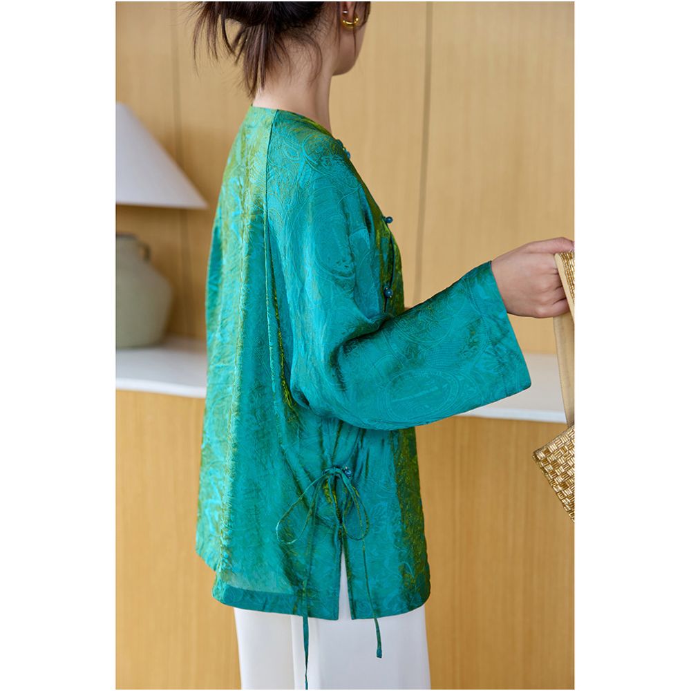 Ningxia Man Yi Jian Hua Cai Ni Chang Fu Guang Jin Craft Dark Pattern Jacquard New Chinese Round Neck Long Sleeve Top image 4