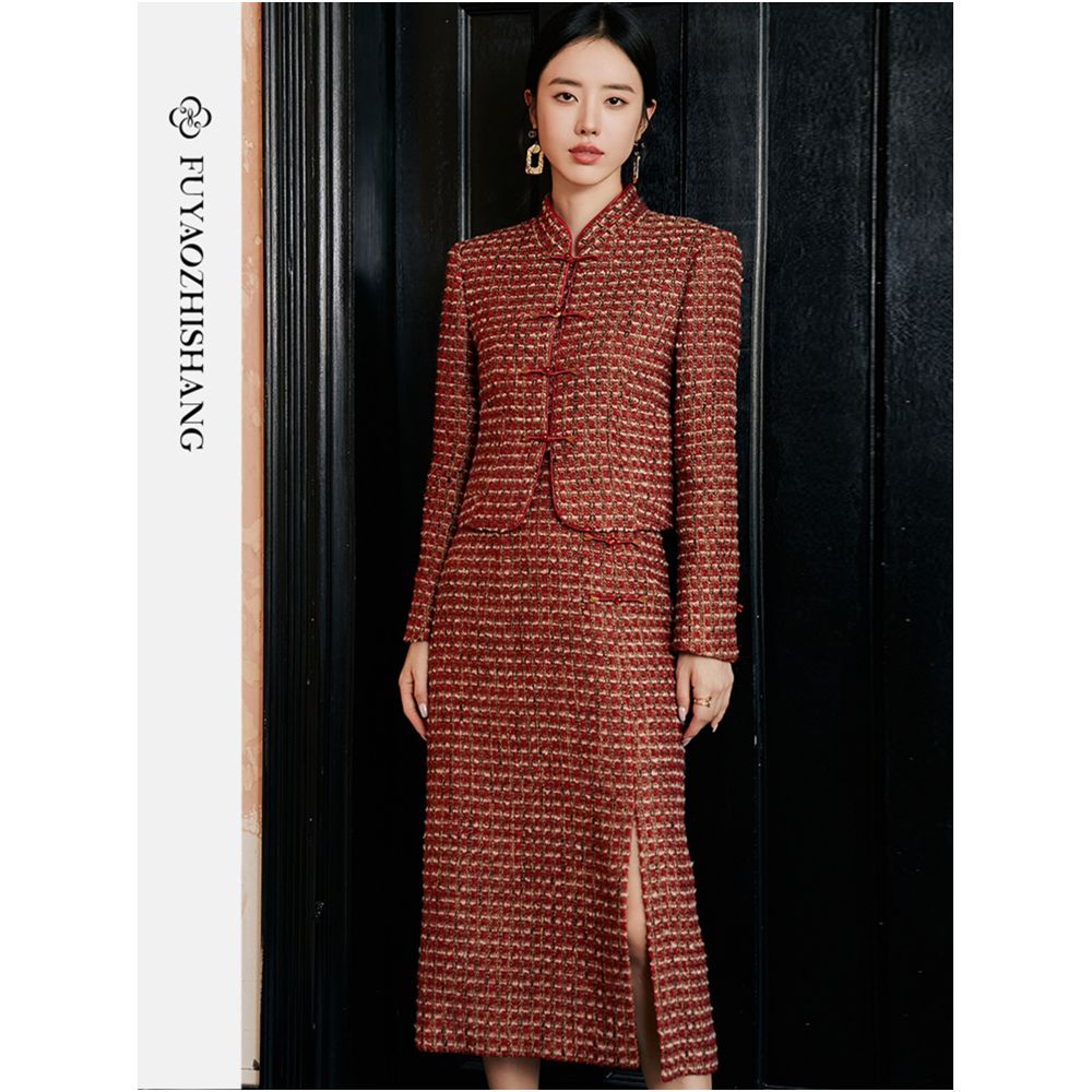 FUYAO Fuyao Light Luxury Heavy Industry Coat Split Half Skirt Red Small Fragrant Wind Coarse Flower Woven Wool Set image 1