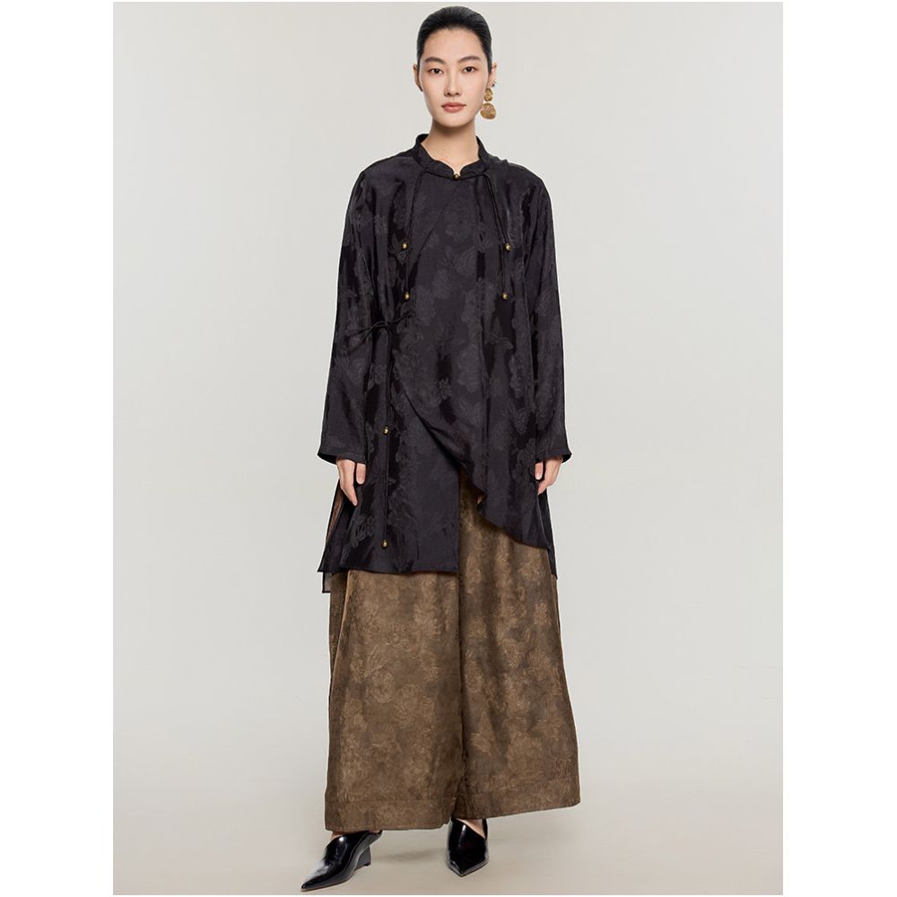 Double sided silhouette reclusive wide leg pants look slim new Chinese classical atmosphere casual black 2025 new women s style image 2