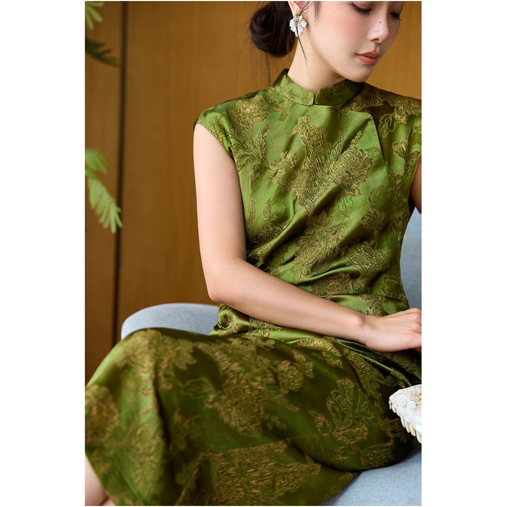 Ningxia Manyijian Oriental Charm 28mm pure silk peony jacquard new Chinese qipao waist cinching dress image 3