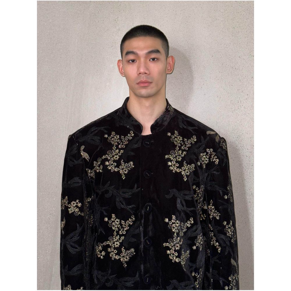 ASAYAHOMME1547 – Noir Blossom Velvet Tang Jacket 🖤🌸