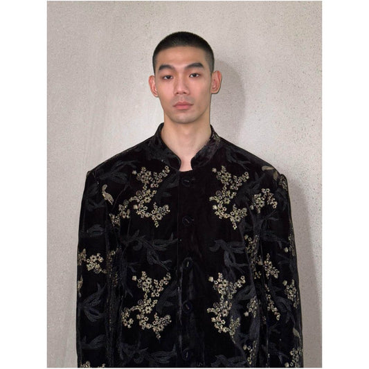 ASAYAHOMME1547 – Noir Blossom Velvet Tang Jacket 🖤🌸
