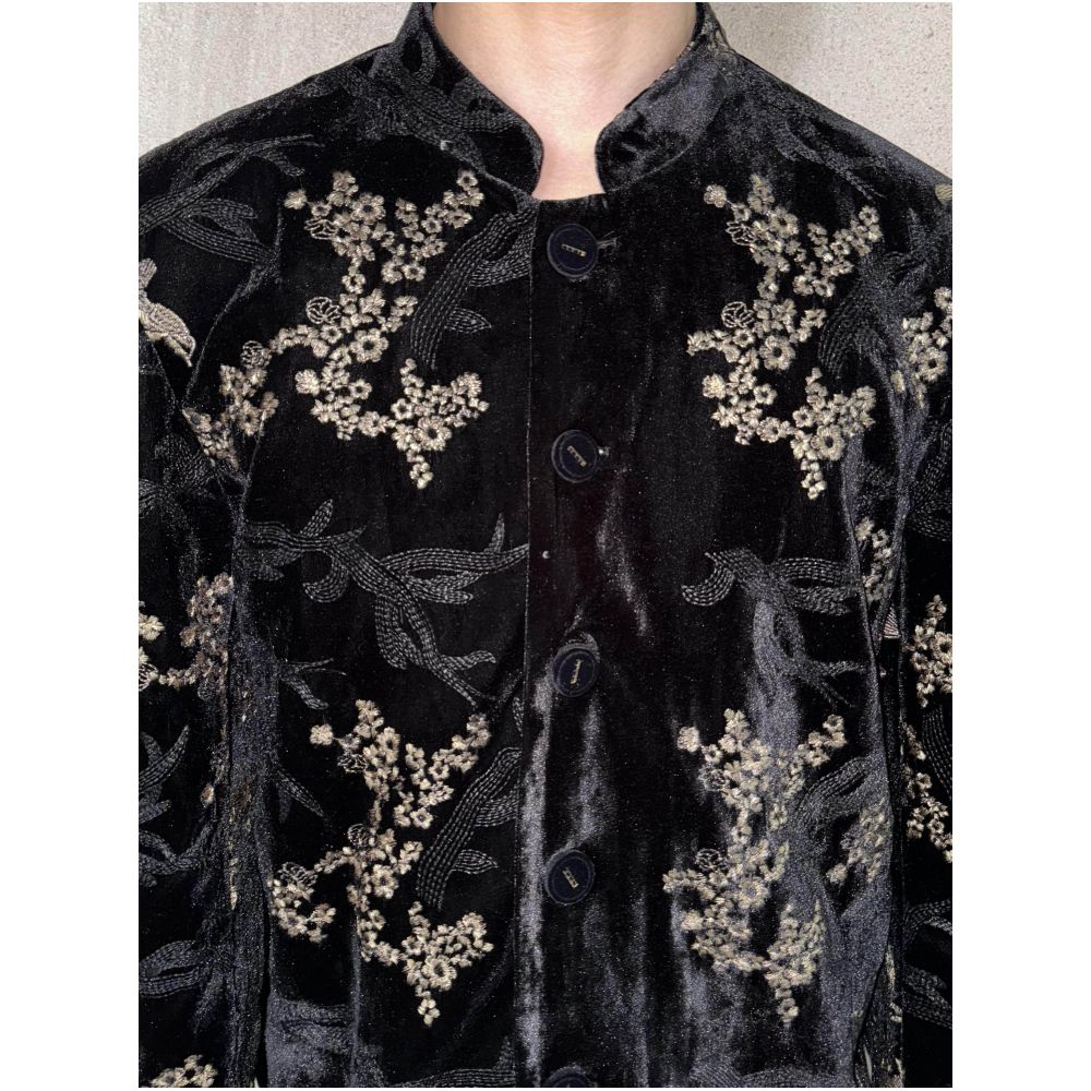 New retro black velvet jacket with gold embroidery flower jacket fashionable new Chinese Zhongshan suit for both men and women image 3