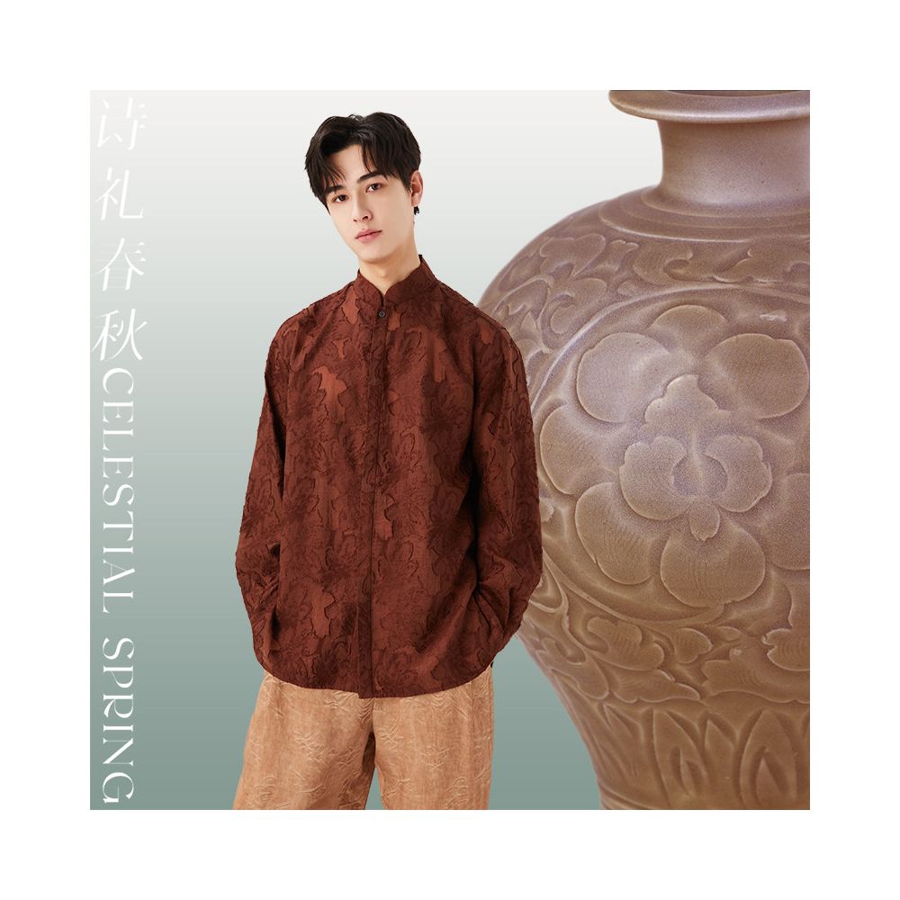 ASAYAHOMME1548 – Celestial Autumn Mandarin Shirt 🍁🤎