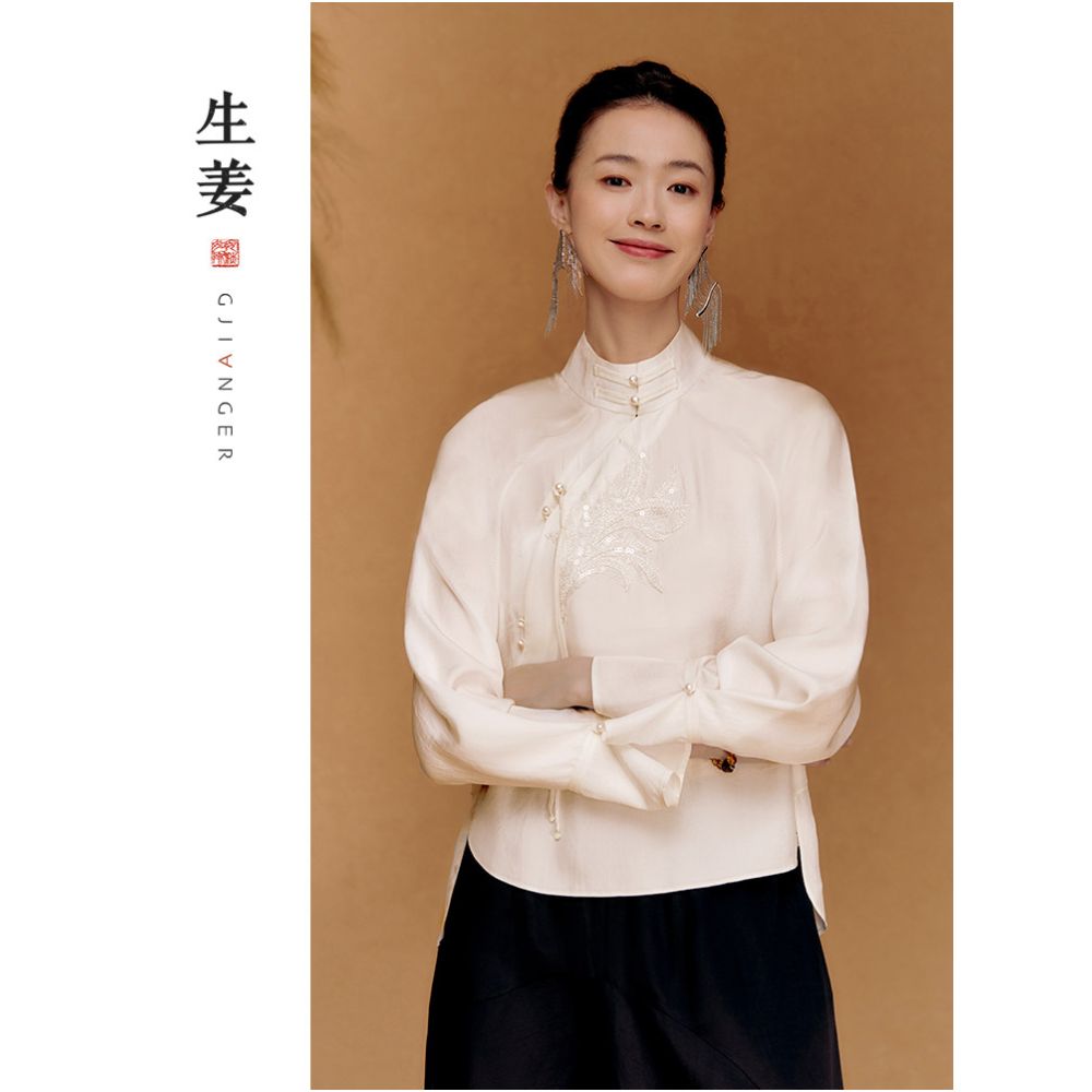 Ginger Feather Yixin Chinese Light National Style Top Women s Spring and Autumn New Pearl Embroidered Shirt 31430116A image 0