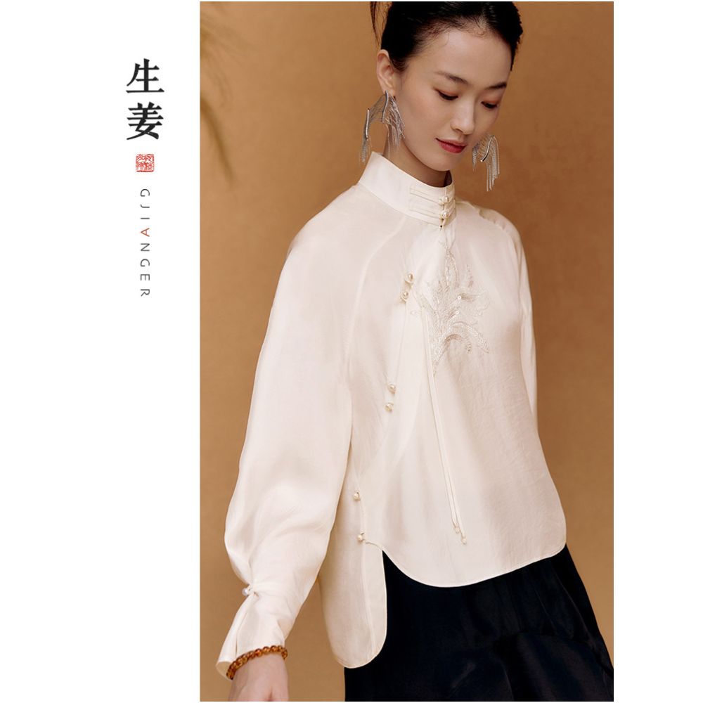 Ginger Feather Yixin Chinese Light National Style Top Women s Spring and Autumn New Pearl Embroidered Shirt 31430116A image 2