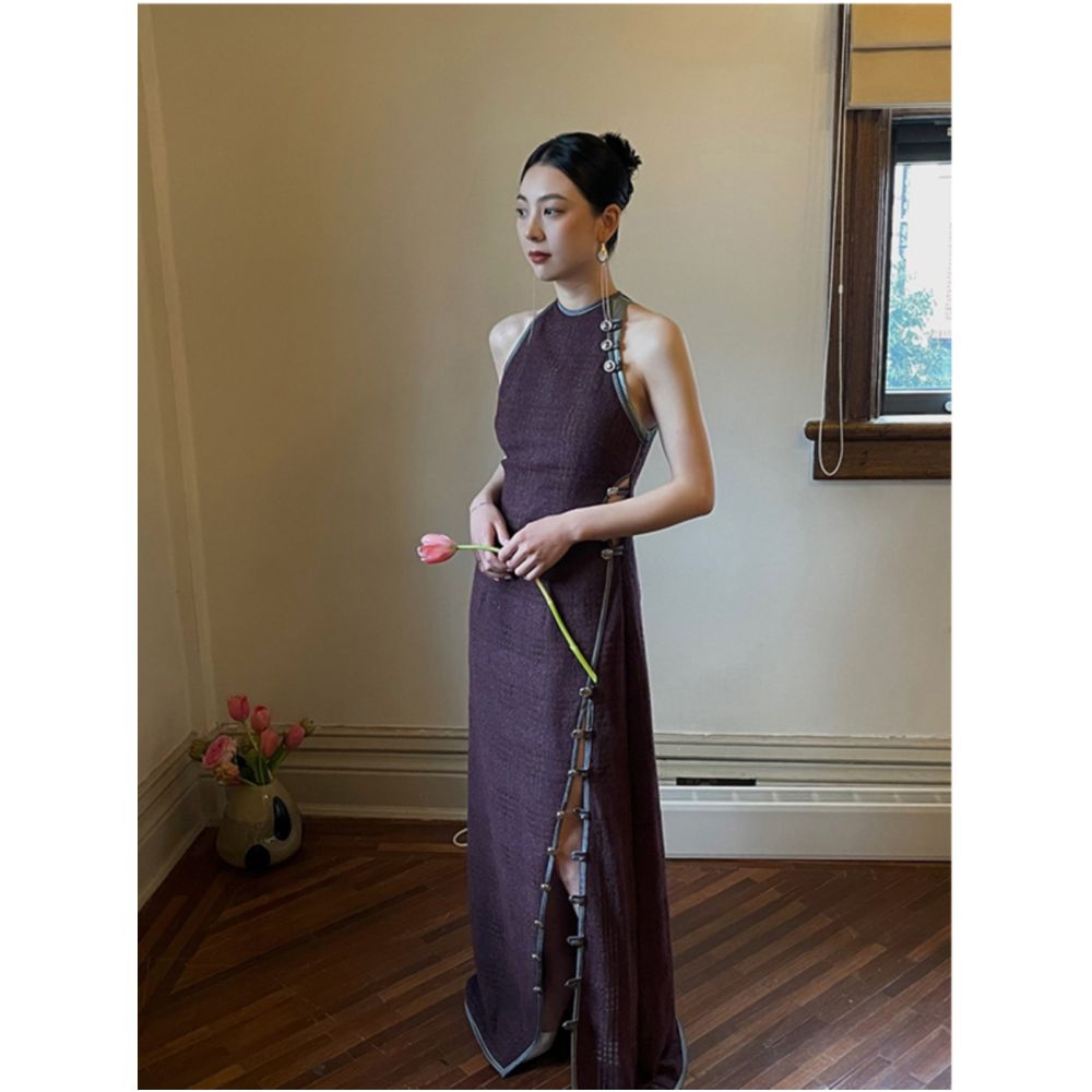 Purple Improved Cheongsam Women s New Chinese Style Dress Retro Chinese Style Women s Engagement Dress Sleeveless Hanging Neck Dress image 0