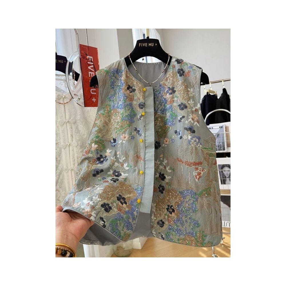 Large size 300 pounds new Chinese style embroidered vest men s and women s clothing early autumn new light Chinese style light luxury sleeveless top 2 image 0