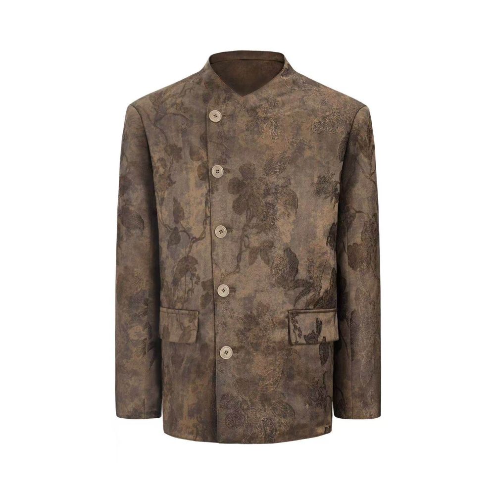 Casoulty Floral Embroidered Suit Embroidered Satin Jacquard Collarless Suit image 0