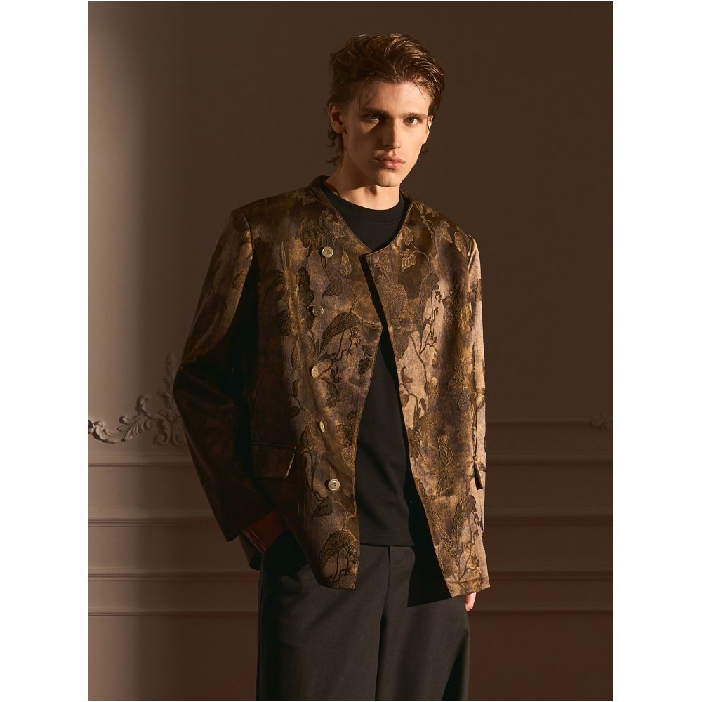 Casoulty Floral Embroidered Suit Embroidered Satin Jacquard Collarless Suit image 1