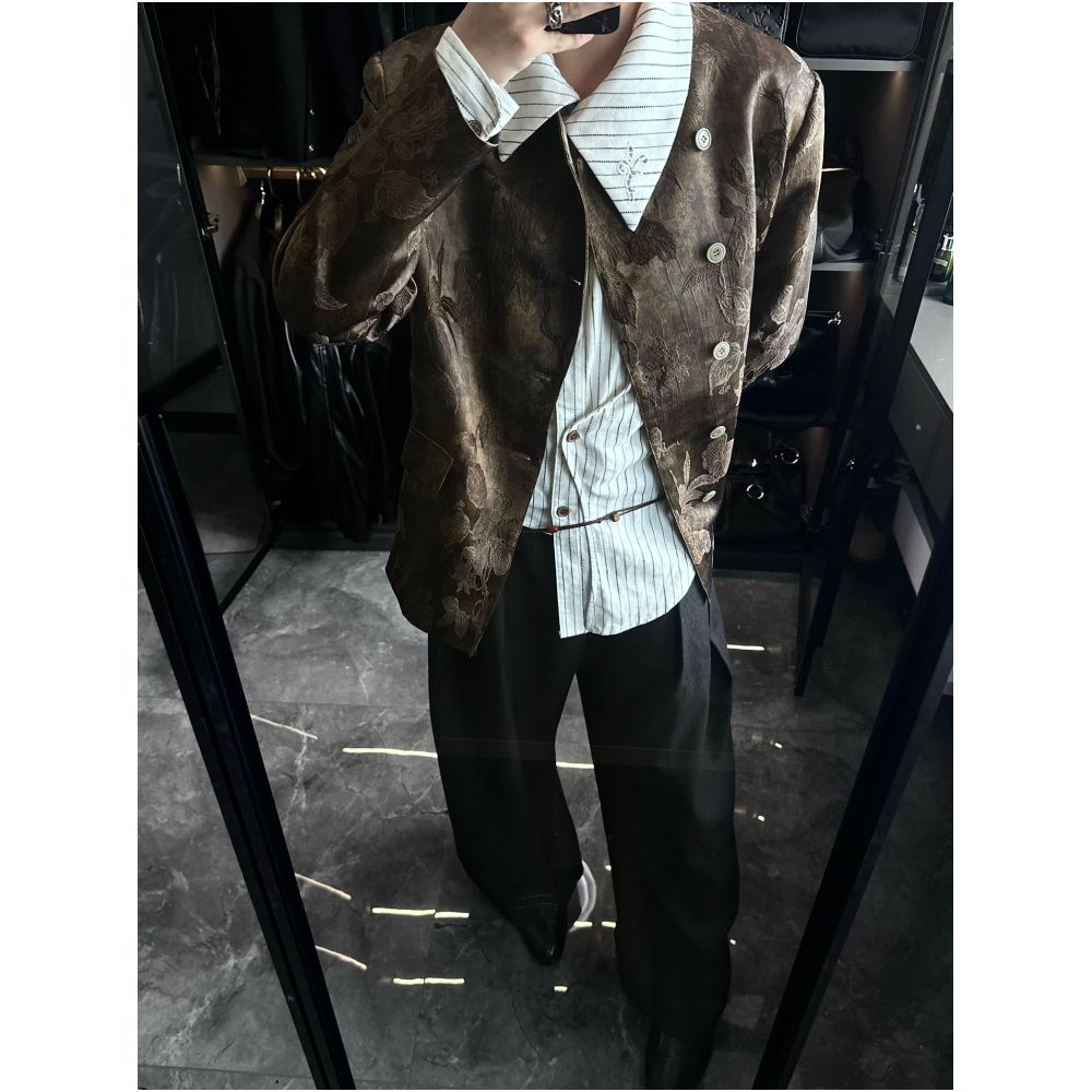 Casoulty Floral Embroidered Suit Embroidered Satin Jacquard Collarless Suit image 2