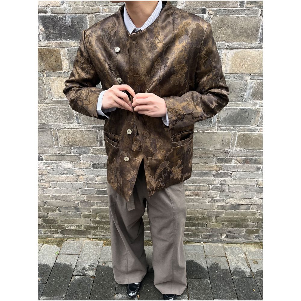 Casoulty Floral Embroidered Suit Embroidered Satin Jacquard Collarless Suit image 4