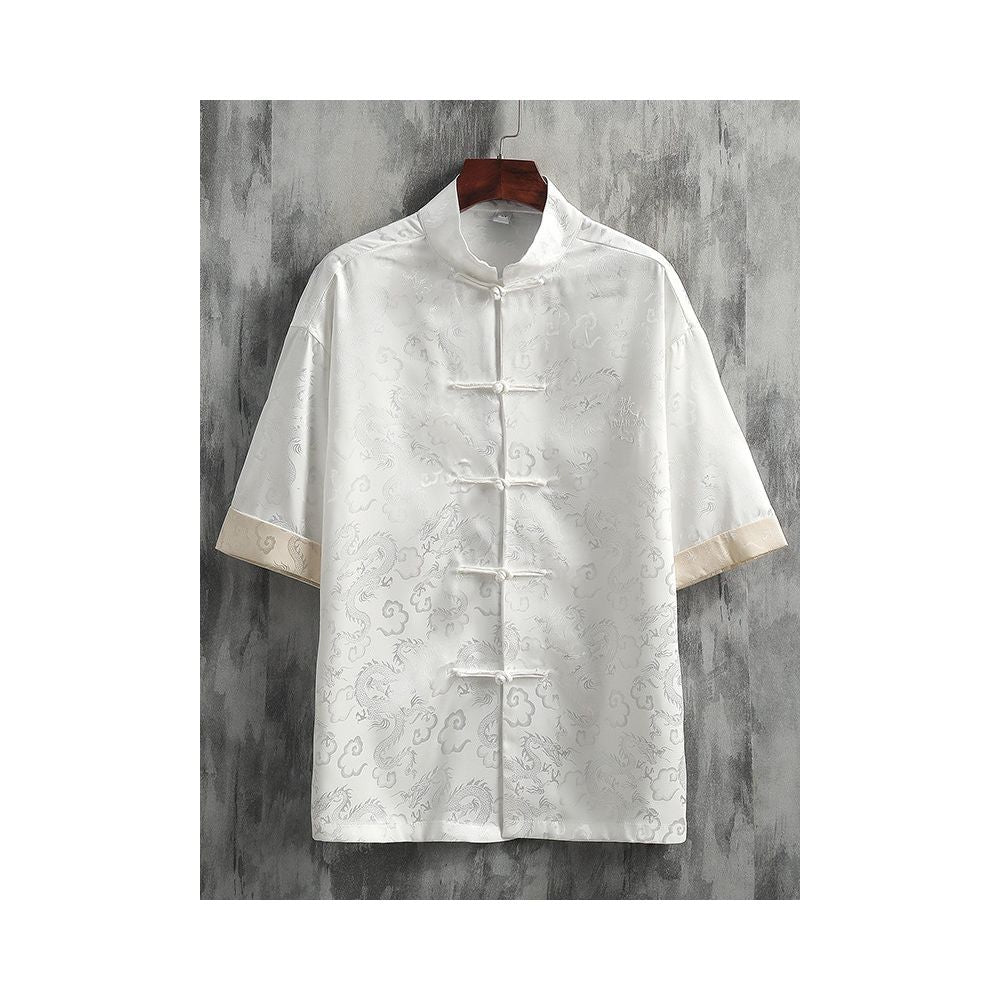 New Chinese style clothing Chinese style men s clothing ice silk and satin Tang style short sleeved shirt summer buttoned dragon patterned shirt image 0
