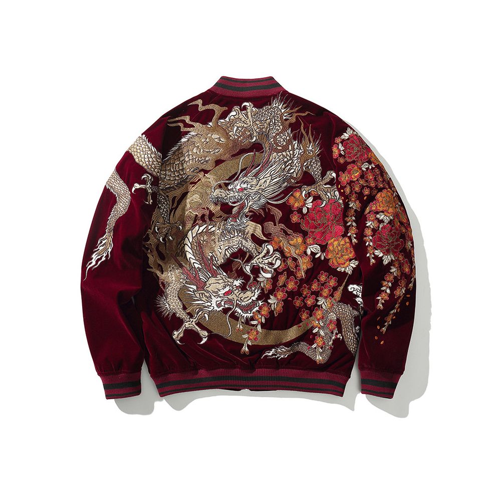 2025 Qunlong velveteen embroidery the Year of the Loong red Chinese style personality heavy weight men s and women s jackets baseball jackets image 0