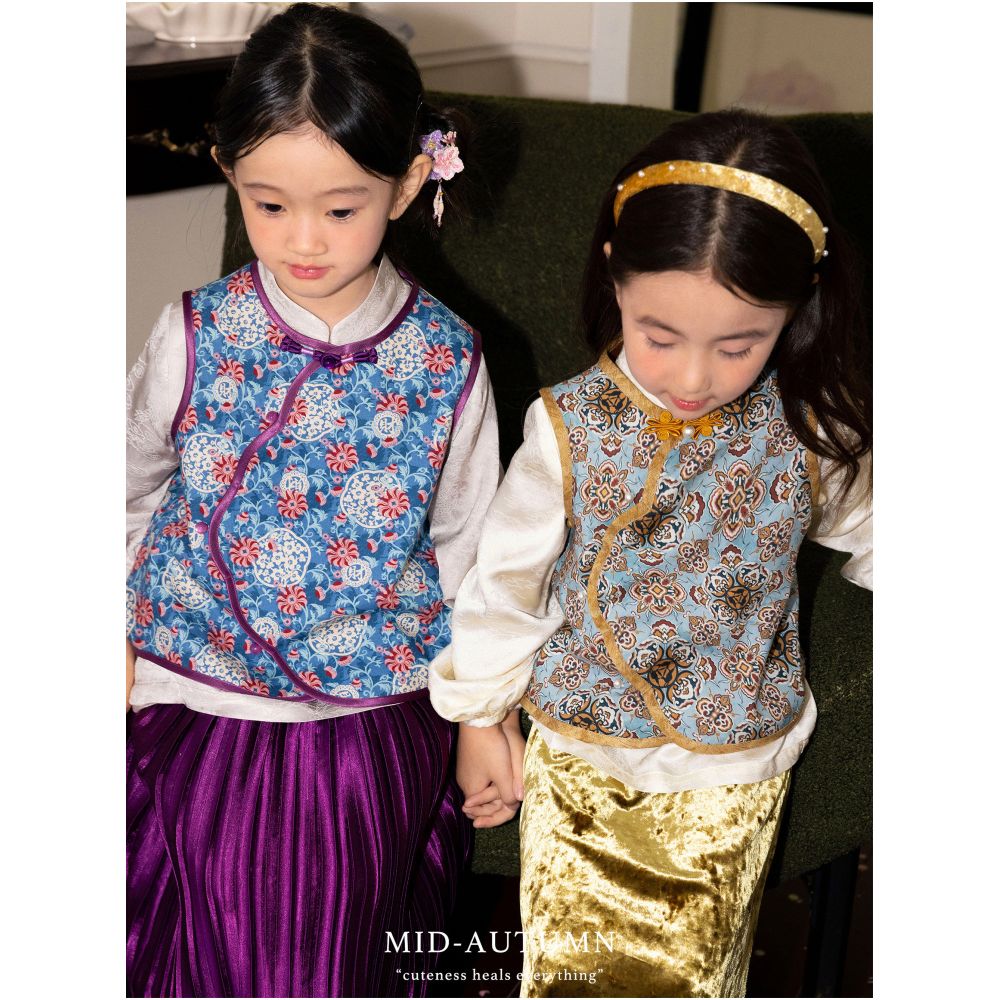 Add Q Original Jin Ling Yu Man New Chinese Flower Vest Velvet Pants Half Skirt Satin Fold Skirt for Girls image 3