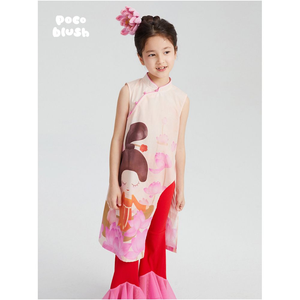 Pocoblush Original Design Tang Fun Lotus Picking New Chinese Cheongsam for Girls Summer Ethnic Buckle Chinese Style image 3