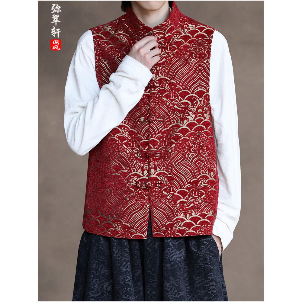 Chinese style retro buckle Tang style vest Spring and Autumn men s standing collar jacquard sleeveless camisole loose oversized versatile top image 2