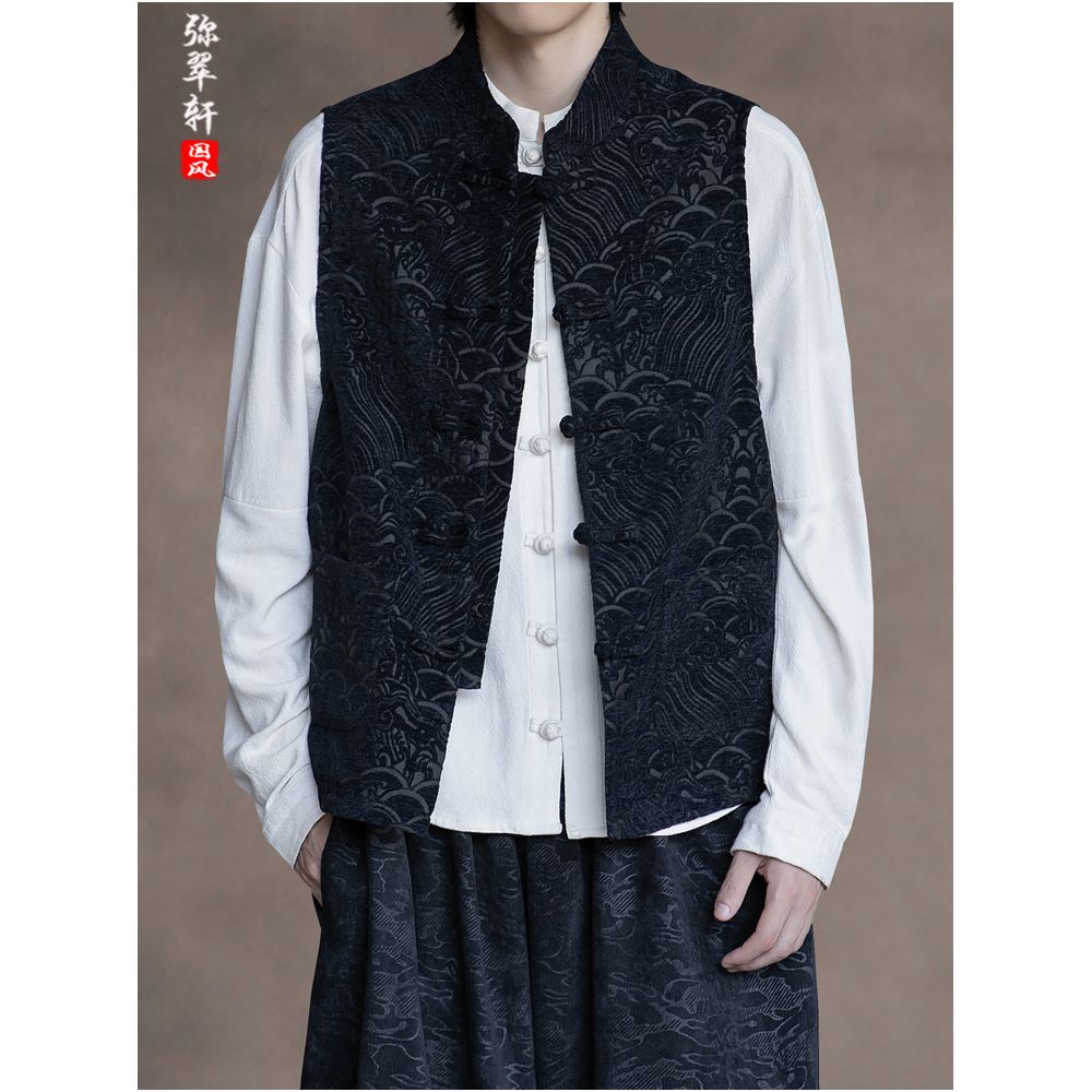 Chinese style retro buckle Tang style vest Spring and Autumn men s standing collar jacquard sleeveless camisole loose oversized versatile top image 3