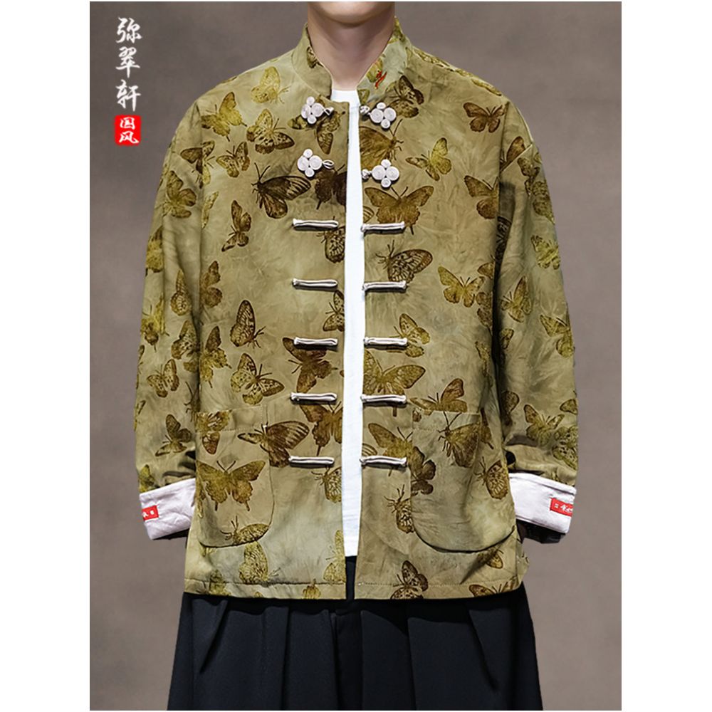 Chinese style retro buckle Tang style jacket spring and autumn styles men s stand up collar versatile butterfly print oversized long sleeved top image 1