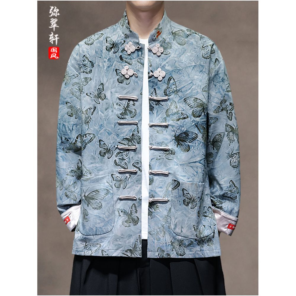 Chinese style retro buckle Tang style jacket spring and autumn styles men s stand up collar versatile butterfly print oversized long sleeved top image 2