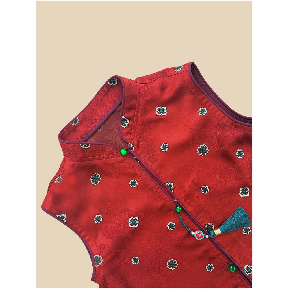 One year old men s jewelry dress with precious flower real silk red summer light and thin Tang style new Chinese style fragrant cloud yarn set image 2