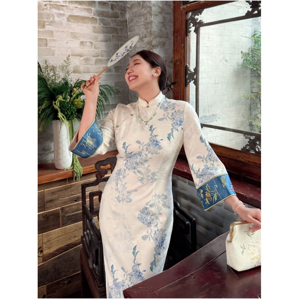Zhang s butt plus plus size women s clothing new Chinese style improved cheongsam skirt fat mm slimming slim fit jacquard embroidery dress image 0
