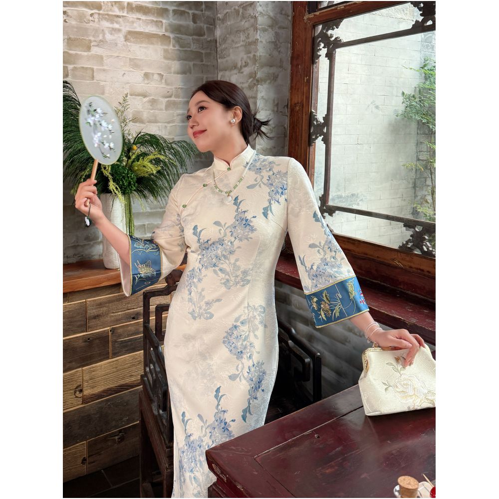 Zhang s butt plus plus size women s clothing new Chinese style improved cheongsam skirt fat mm slimming slim fit jacquard embroidery dress image 1