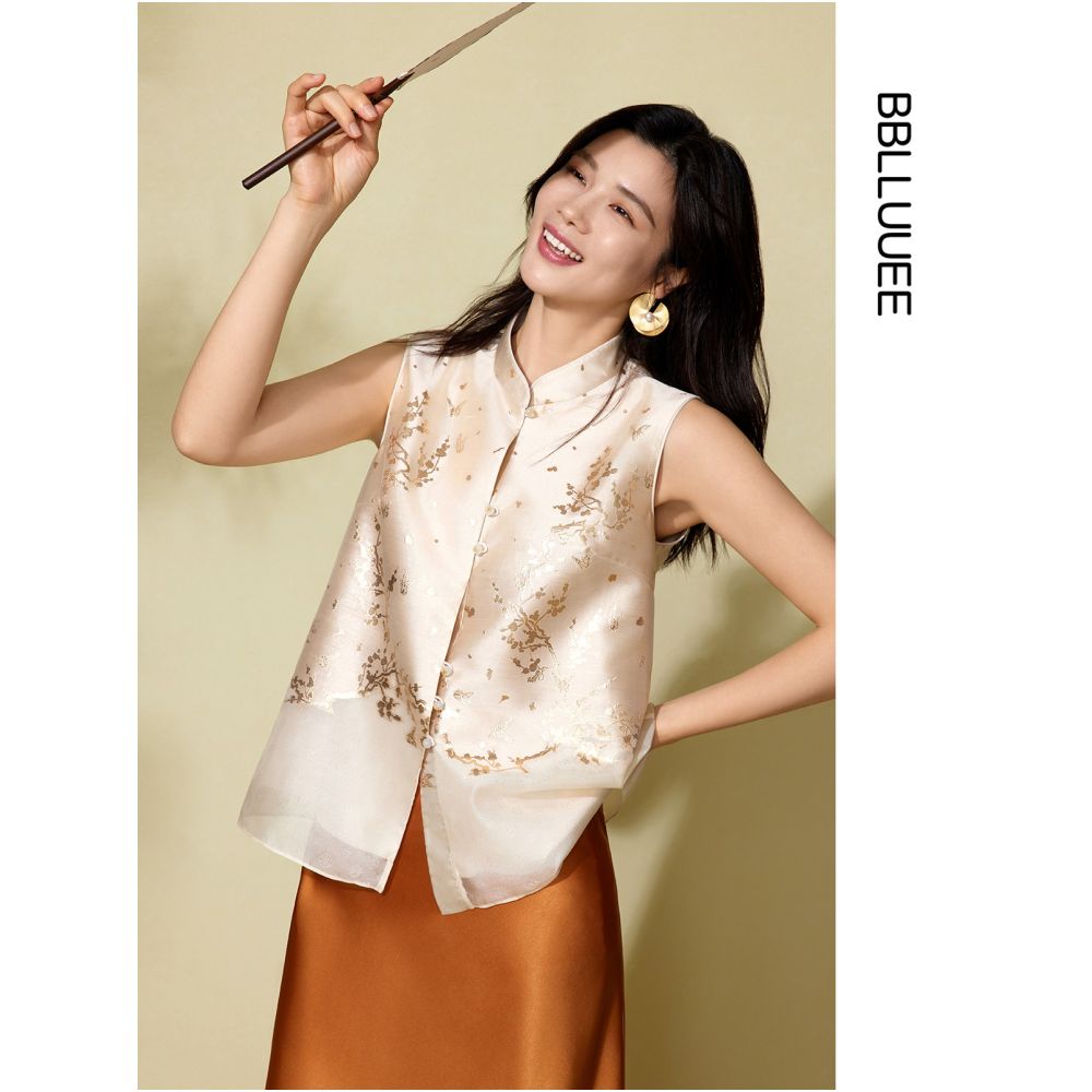 Oriental style pink blue wardrobe 2025 summer new item positioning jacquard loose vest qipao collar sleeveless jacket for women image 0