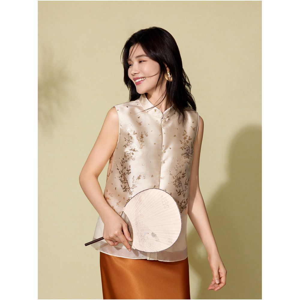 Oriental style pink blue wardrobe 2025 summer new item positioning jacquard loose vest qipao collar sleeveless jacket for women image 1