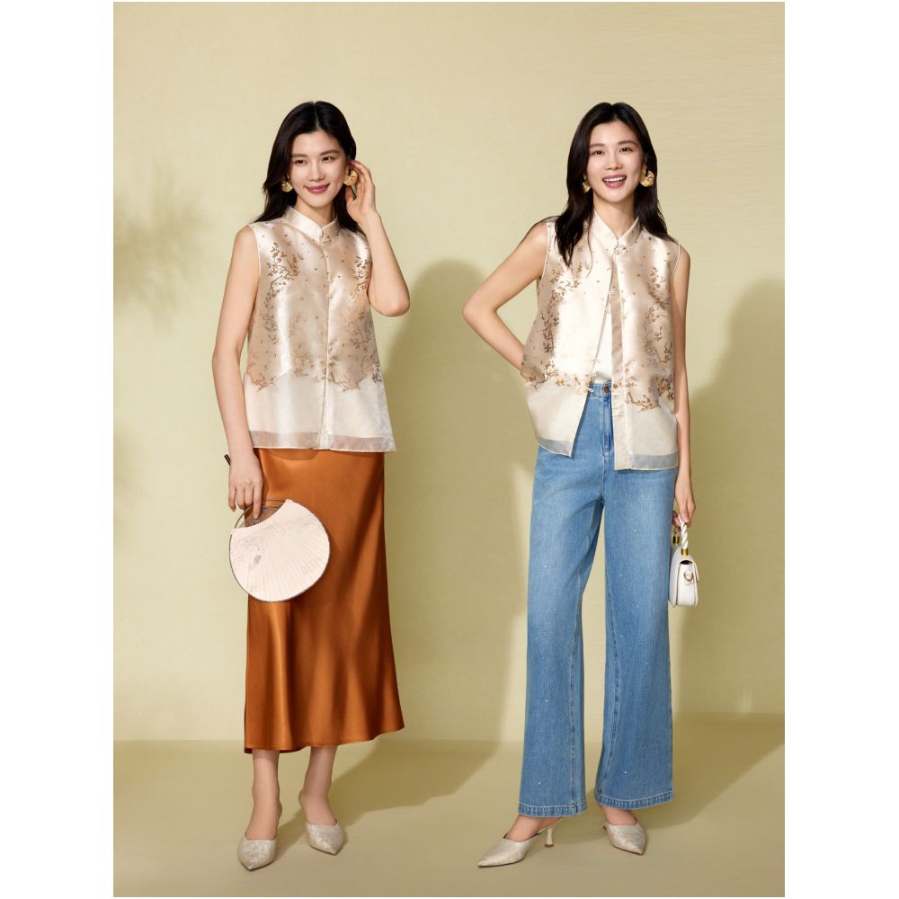 Oriental style pink blue wardrobe 2025 summer new item positioning jacquard loose vest qipao collar sleeveless jacket for women image 2