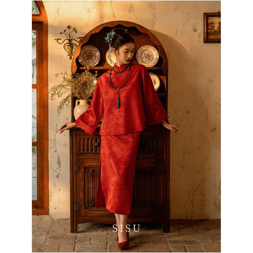 Sisu s new Chinese style toast cheongsam set for wedding engagement long sleeved dress with white and luxurious feel loose back door banquet image 1