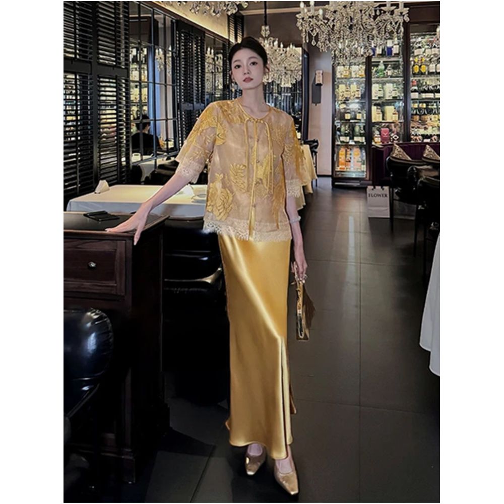 Autumn and winter cool and luxurious outfit light luxury and high end new Chinese style satin embroidery suspender dress set image 0